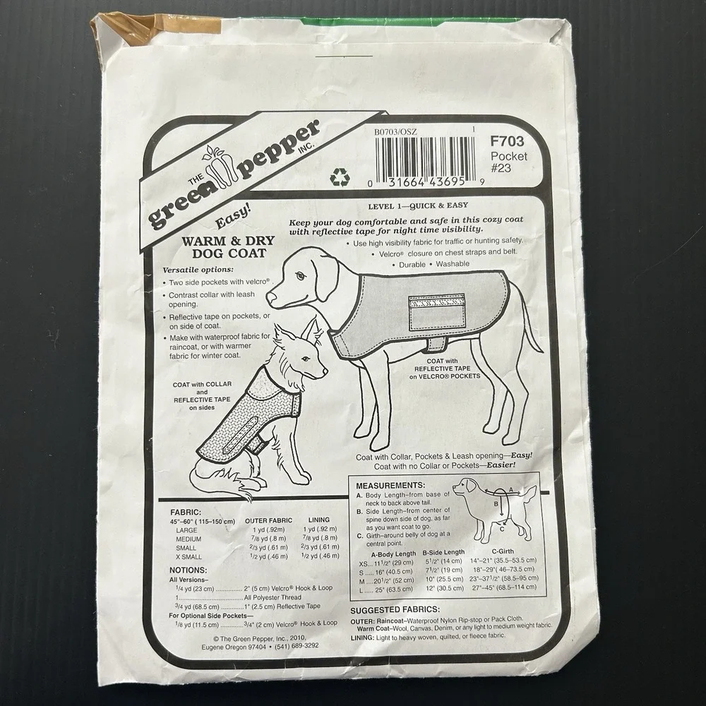 The Green Pepper Quick And‎ Easy Dog Jacket Sewing Pattern XS- L Uncut